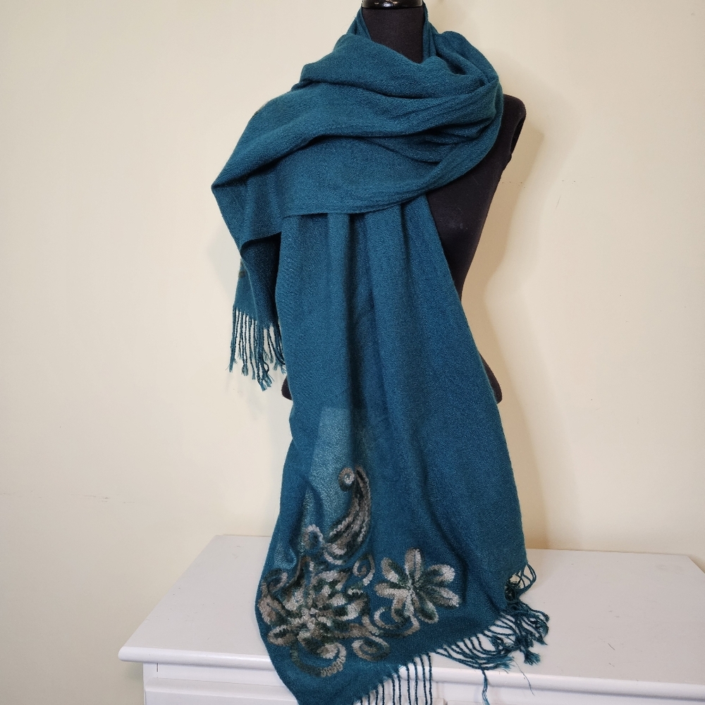 Coldwater Creek Teal Scarf/Wrap Gray Floral With Fringe